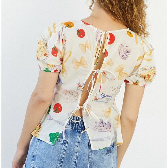 Lisa Says Gah Petra Buon Appetito Tie Back Top Blouse Size M Italian Food Print - Picture 2 of 11